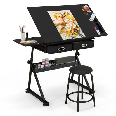 Drawing Table and Stool Set with Tilting Tabletop and Drawers - Costway